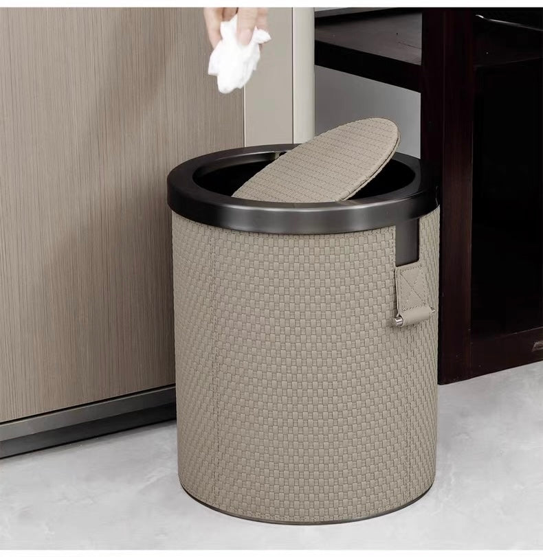 Woven Leather Waste Bin with Soft-Close Lid