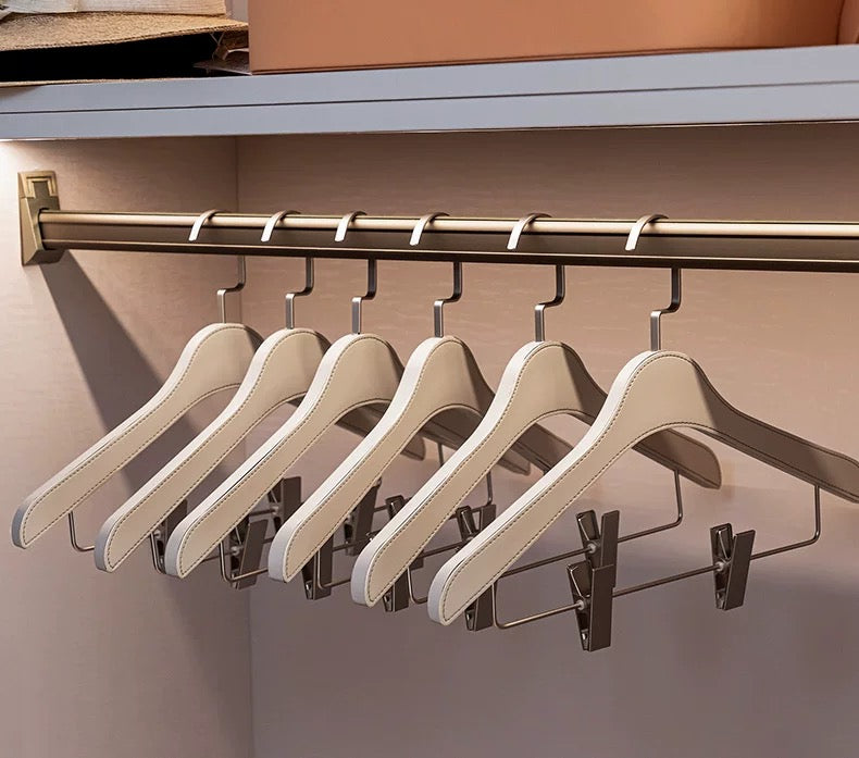 Leather-Wrapped Wooden Hanger with Trouser Clips